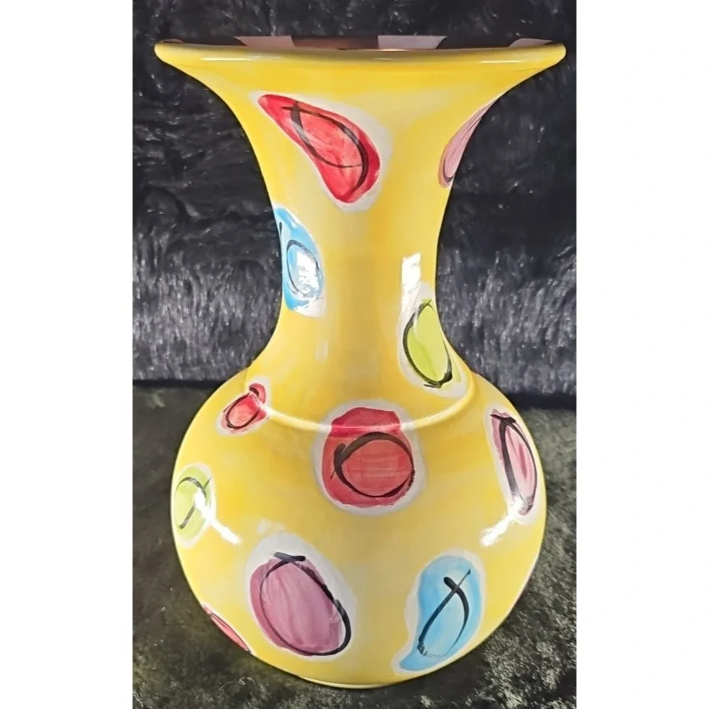 Yellow Vase with lots of color, Black/white inside Signed Thompson